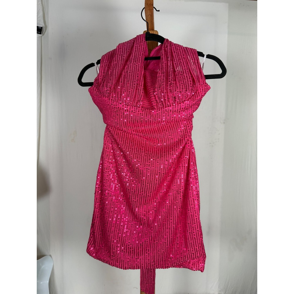 Hot Pink Sequin Halter Mini Dress Draped Back Detail Party Cocktail Size 0